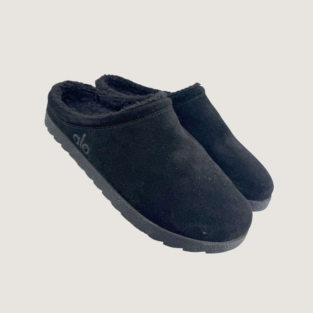 Alo Yoga Recovery Slippers Unisex Black Faux Fur Sherpa Lined Clogs W9 M7 Lounge